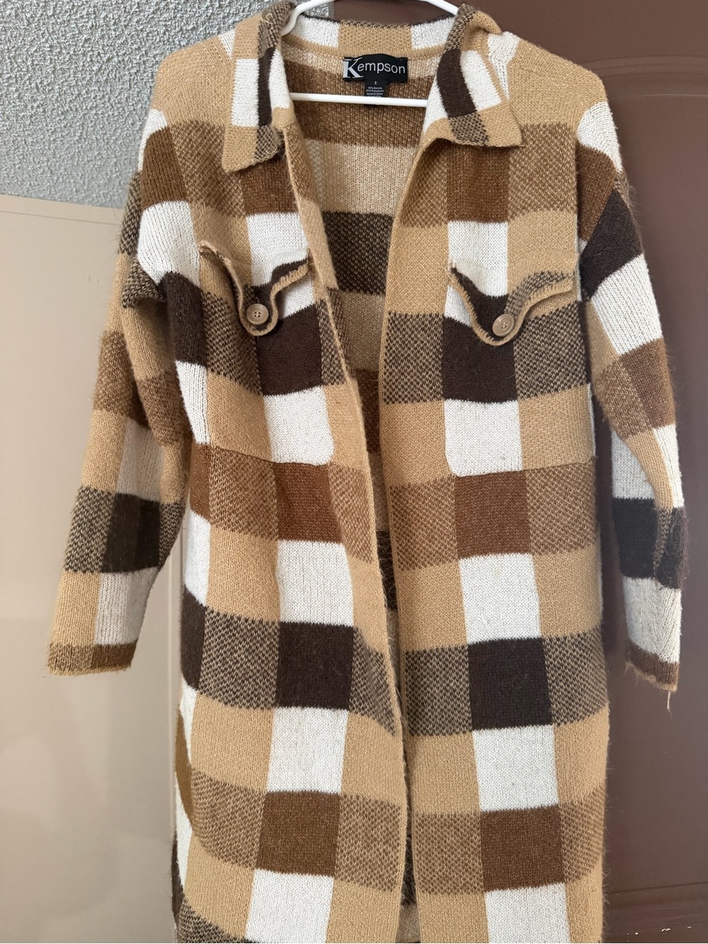 Women's Long Plaid Coatigan in Cream & Brown